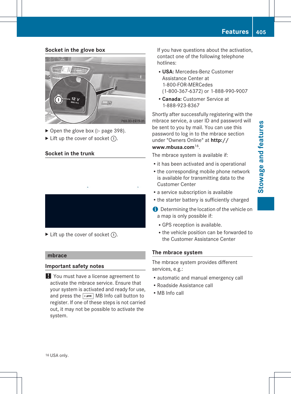 Stowage and features, Features | Mercedes-Benz CL-Class 2013 Owners Manual User Manual | Page 407 / 494