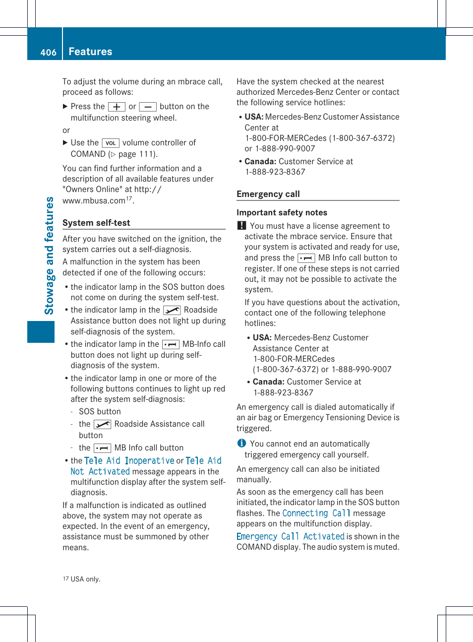 Stowage and features, Features | Mercedes-Benz CL-Class 2013 Owners Manual User Manual | Page 408 / 494