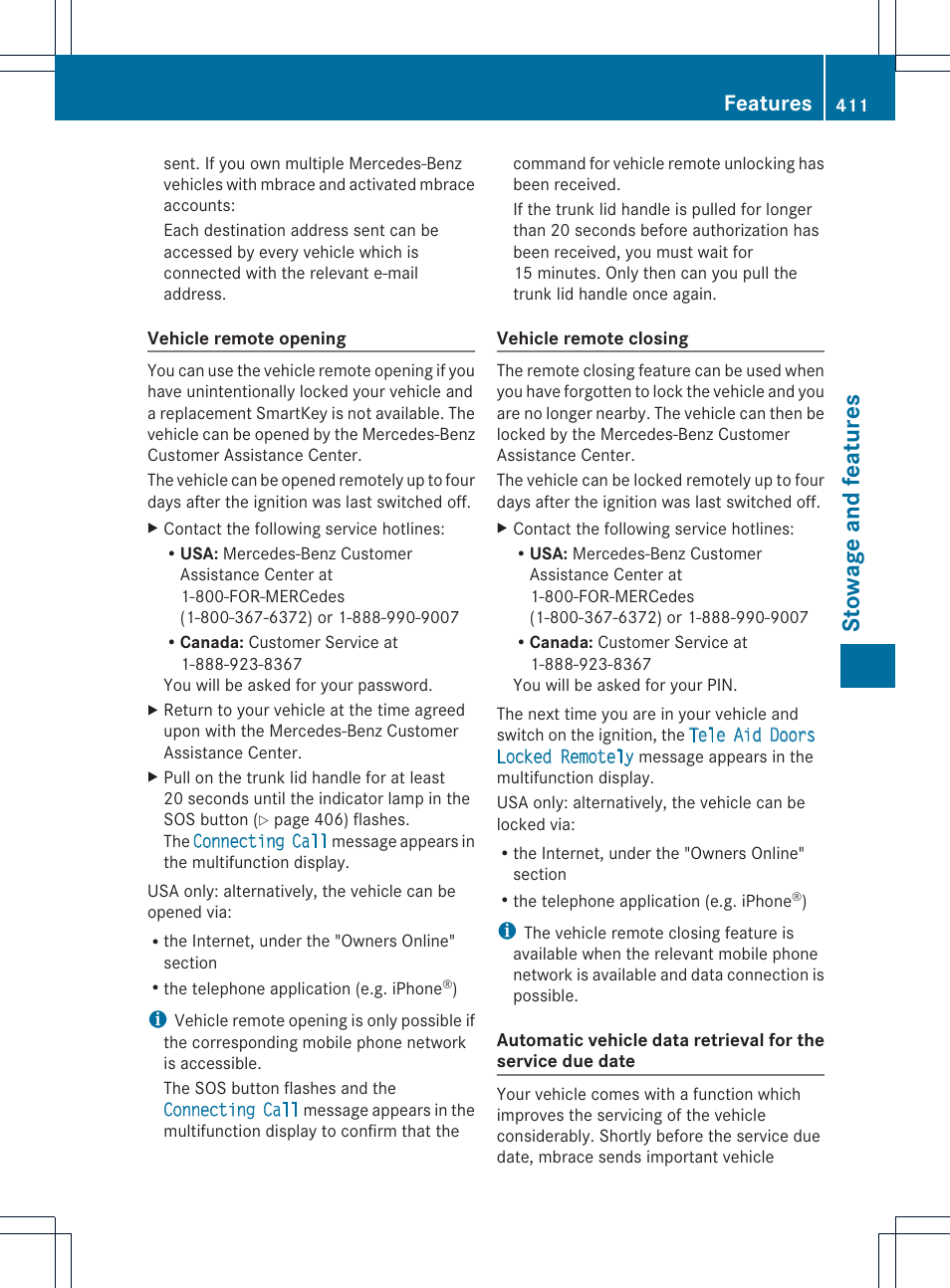 Stowage and features, Features | Mercedes-Benz CL-Class 2013 Owners Manual User Manual | Page 413 / 494