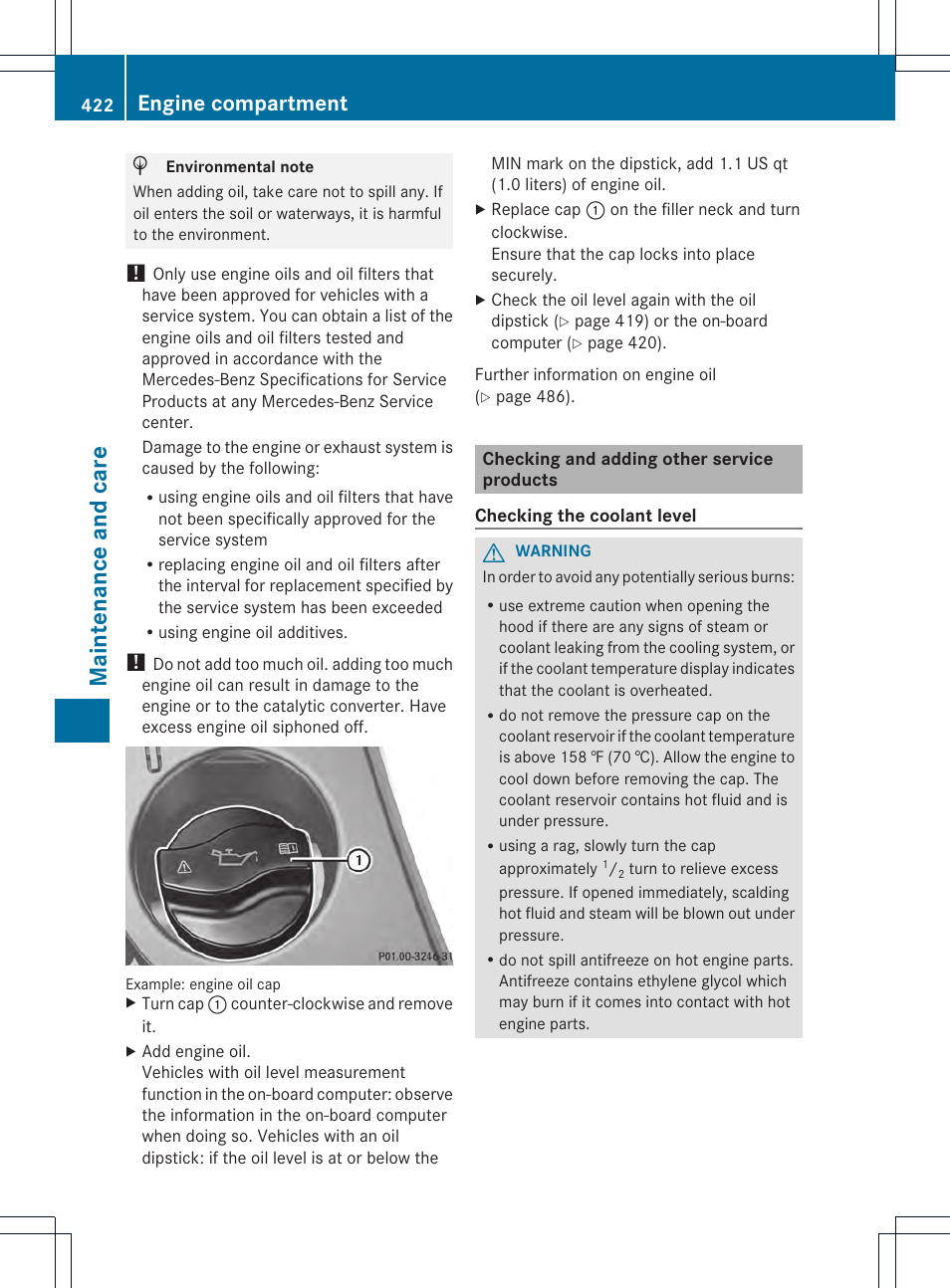 Maint enance and care, Engine compartment | Mercedes-Benz CL-Class 2013 Owners Manual User Manual | Page 424 / 494