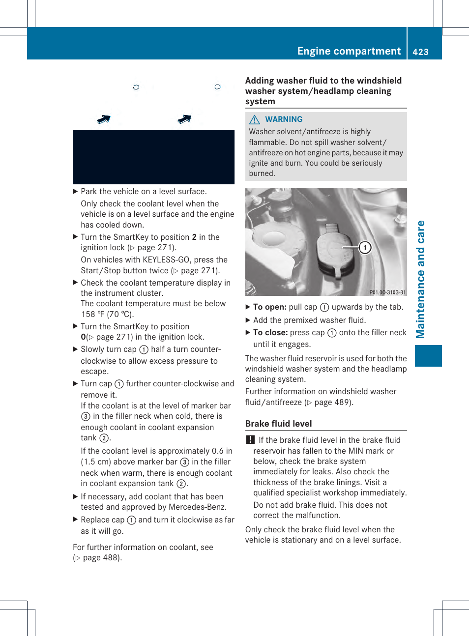 Maintenance and care, Engine compartment | Mercedes-Benz CL-Class 2013 Owners Manual User Manual | Page 425 / 494