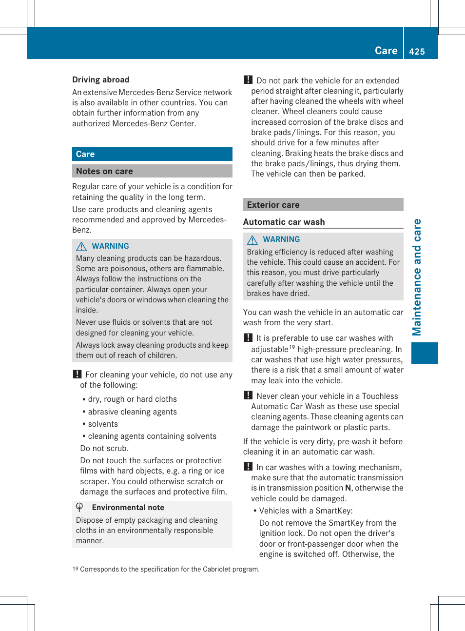 Maintenan ce and care, Care | Mercedes-Benz CL-Class 2013 Owners Manual User Manual | Page 427 / 494
