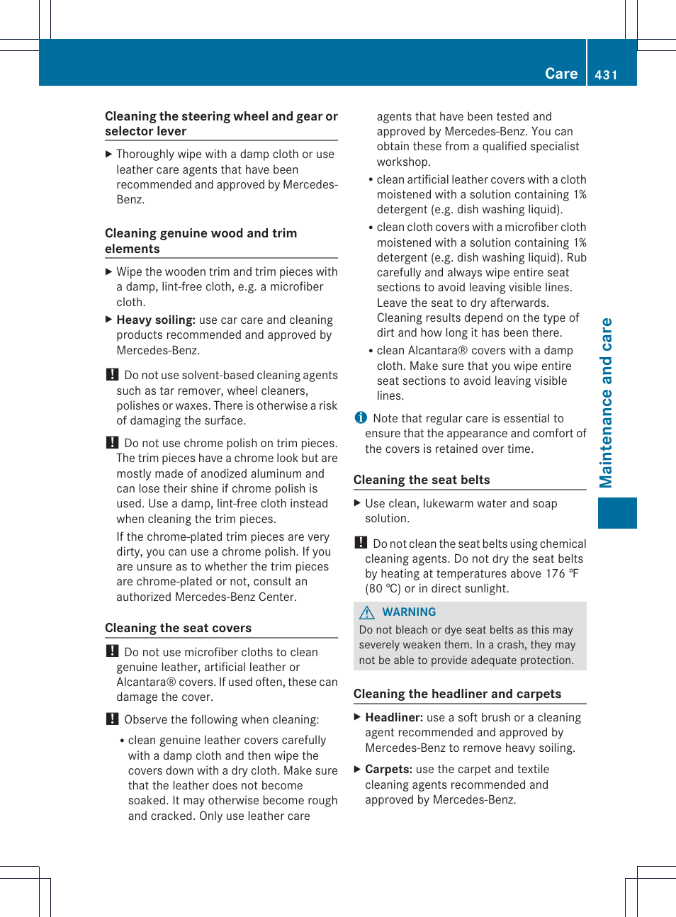 Maintenance and care, Care | Mercedes-Benz CL-Class 2013 Owners Manual User Manual | Page 433 / 494