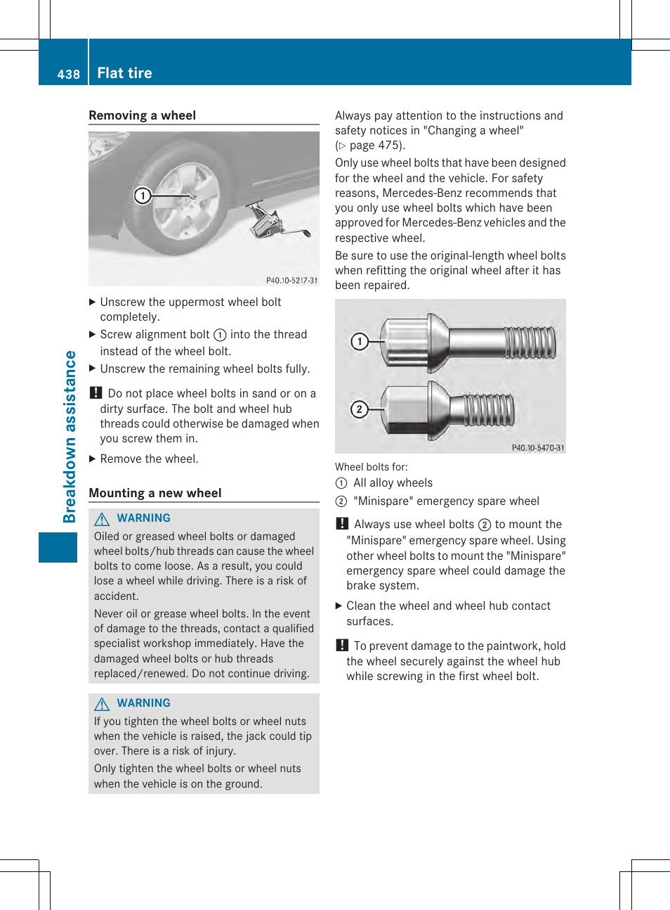 Breakdown assistance, Flat tire | Mercedes-Benz CL-Class 2013 Owners Manual User Manual | Page 440 / 494