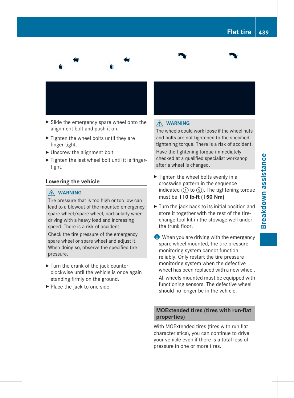 Breakdown assistance, Flat tire | Mercedes-Benz CL-Class 2013 Owners Manual User Manual | Page 441 / 494