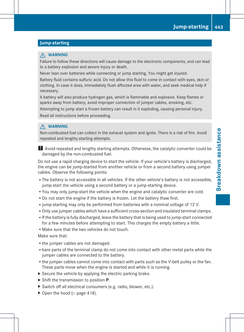 Breakdown assistance, Jump-starting | Mercedes-Benz CL-Class 2013 Owners Manual User Manual | Page 445 / 494