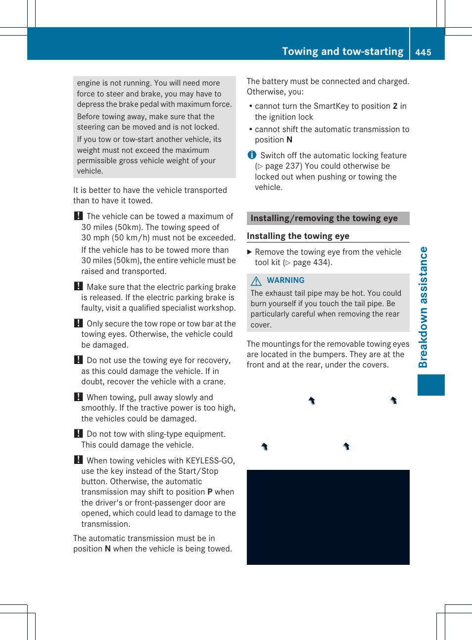 Breakd own assist ance, Towing and tow-starting | Mercedes-Benz CL-Class 2013 Owners Manual User Manual | Page 447 / 494