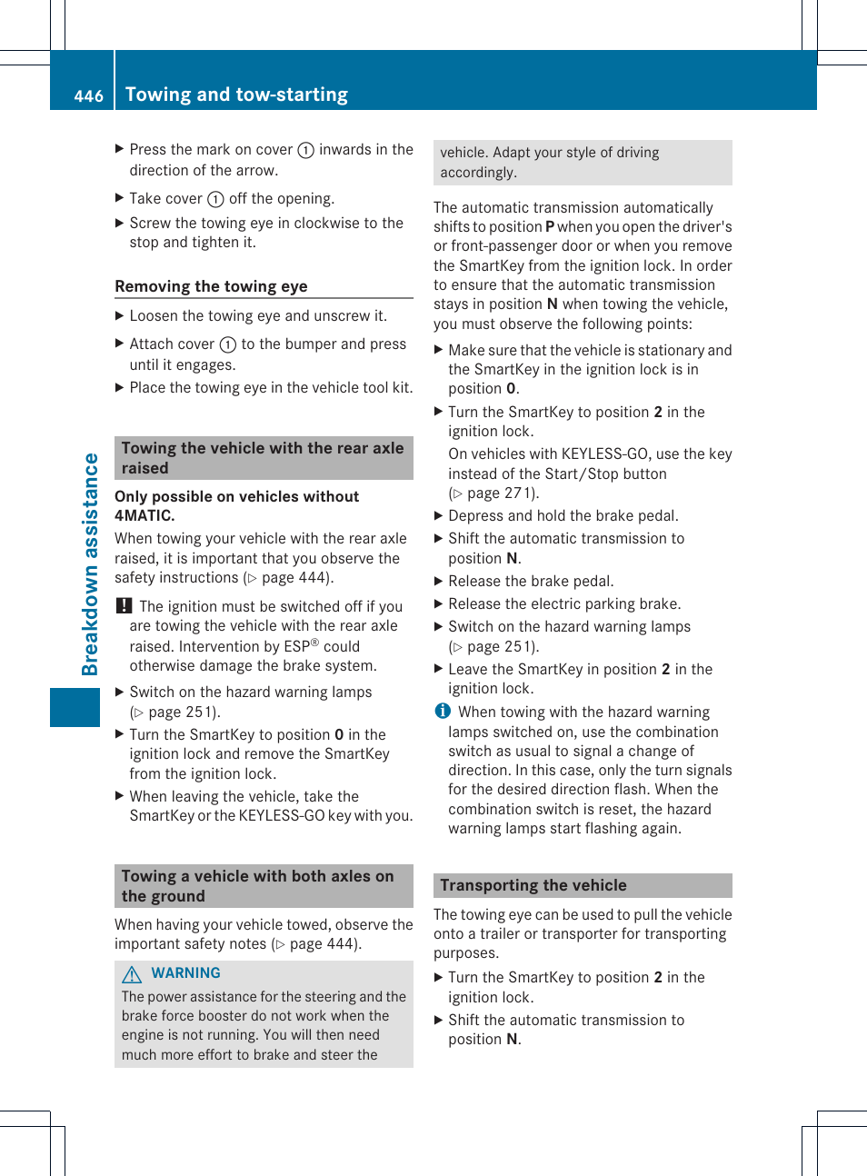 Breakd own assista nce, Towing and tow-starting | Mercedes-Benz CL-Class 2013 Owners Manual User Manual | Page 448 / 494