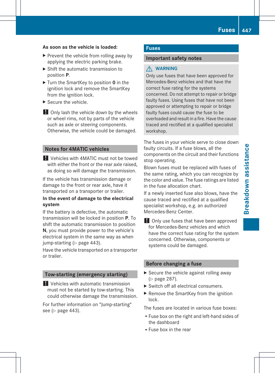 Breakdown assista nce, Fuses | Mercedes-Benz CL-Class 2013 Owners Manual User Manual | Page 449 / 494