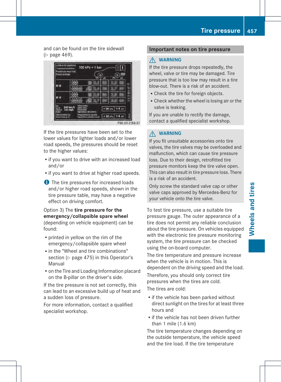 Wheels and tires, Tire pressure | Mercedes-Benz CL-Class 2013 Owners Manual User Manual | Page 459 / 494
