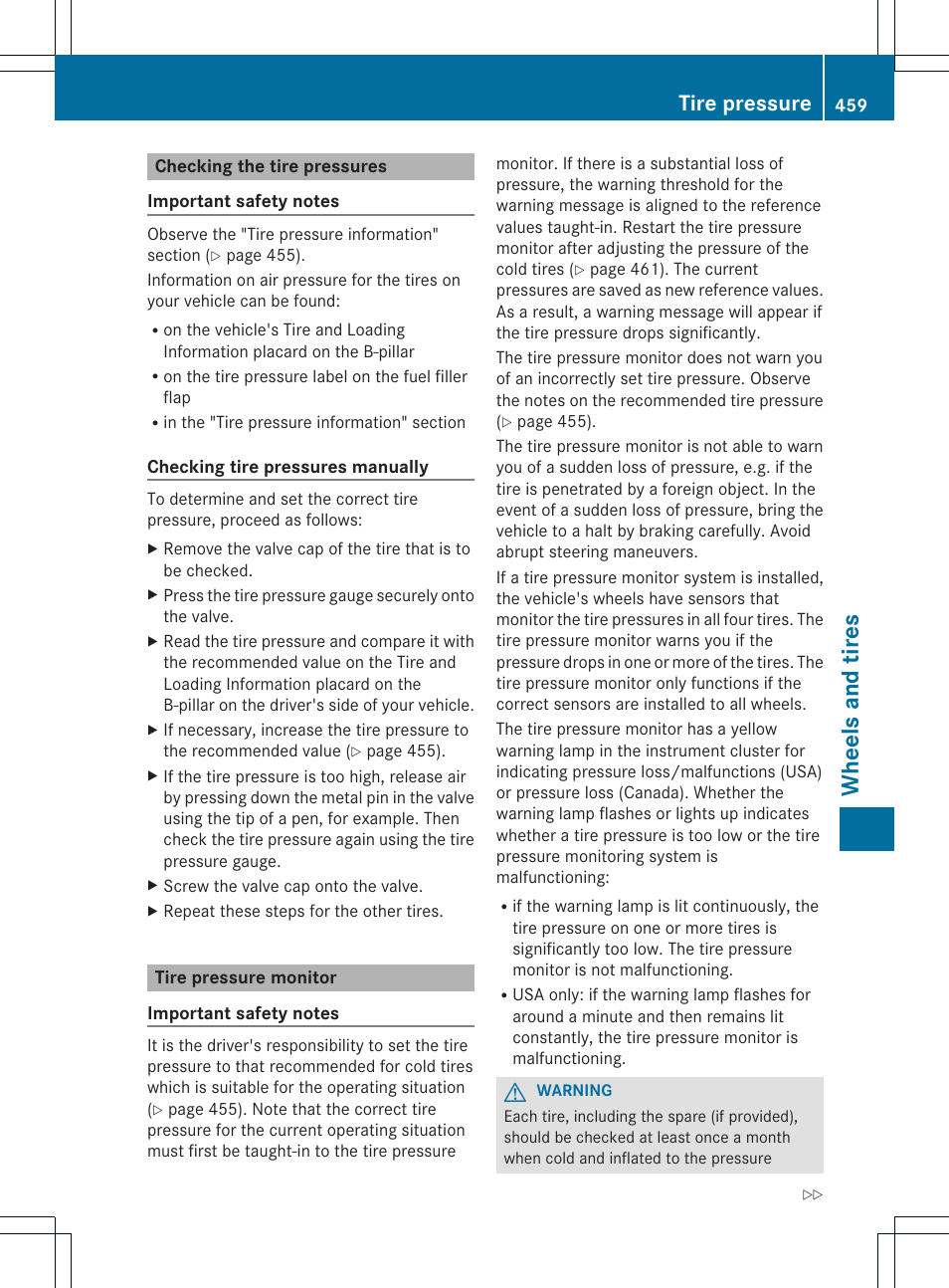 Wheels and tires, Tire pressure | Mercedes-Benz CL-Class 2013 Owners Manual User Manual | Page 461 / 494