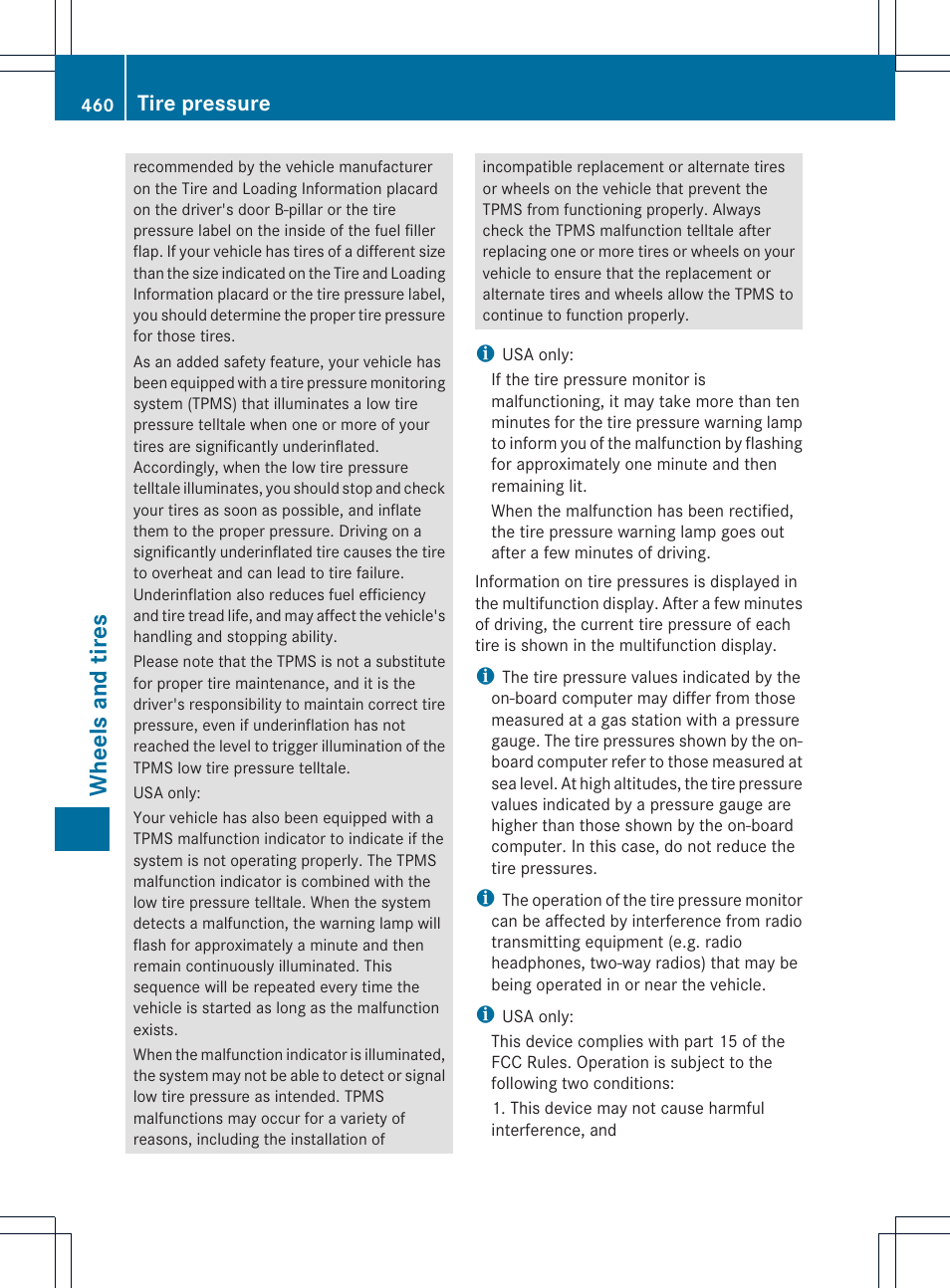 Wheels and tires, Tire pressure | Mercedes-Benz CL-Class 2013 Owners Manual User Manual | Page 462 / 494