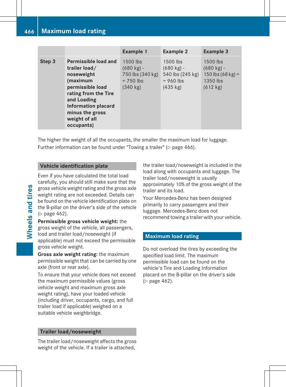 Wheels and tires, Maximum load rating | Mercedes-Benz CL-Class 2013 Owners Manual User Manual | Page 468 / 494