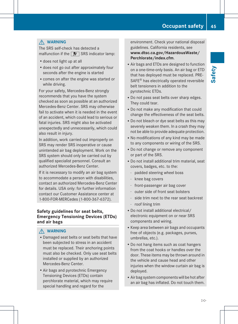 Safety, Occupant safety | Mercedes-Benz CL-Class 2013 Owners Manual User Manual | Page 47 / 494