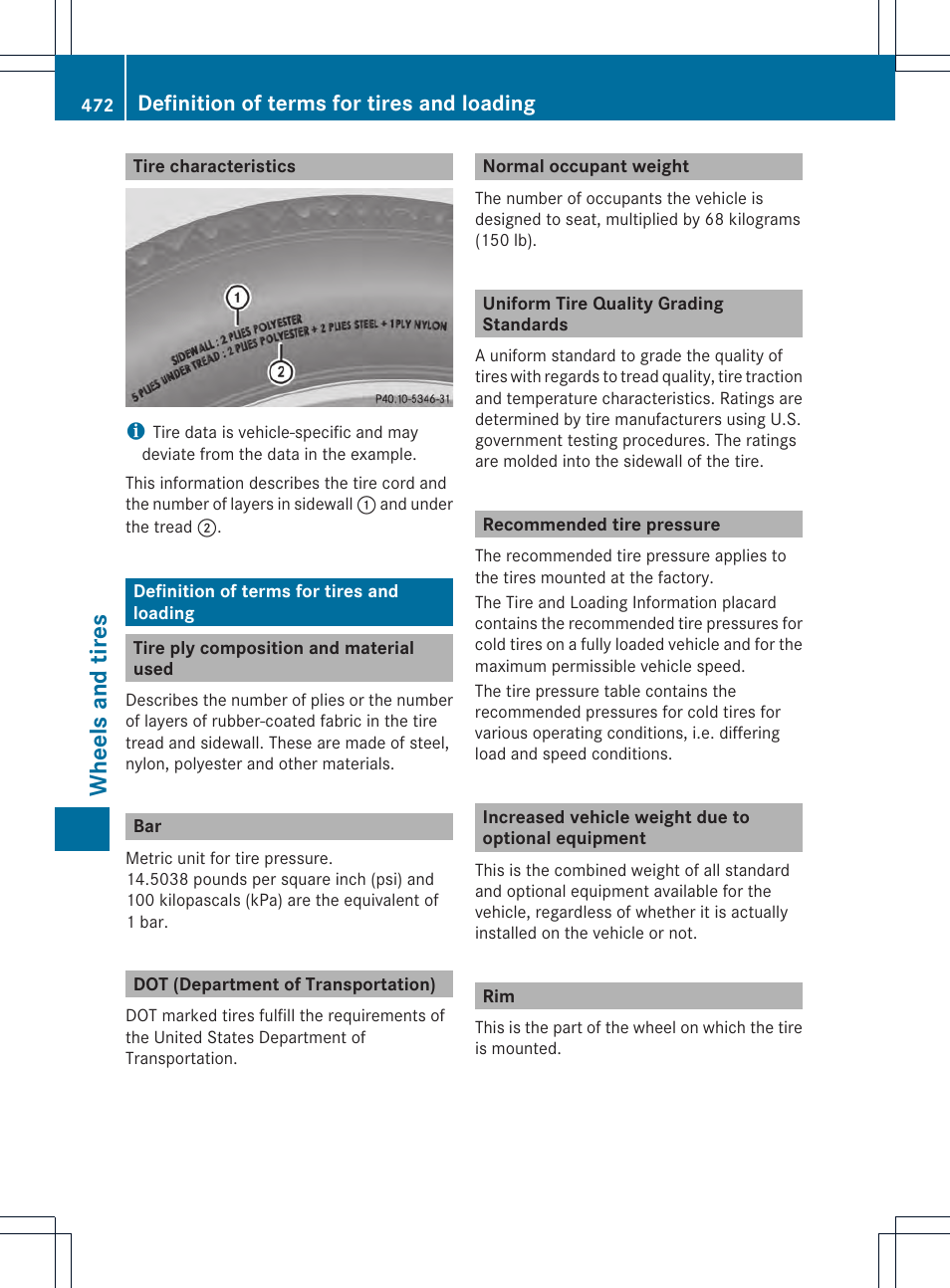 Wheels and tires, Definition of terms for tires and loading | Mercedes-Benz CL-Class 2013 Owners Manual User Manual | Page 474 / 494