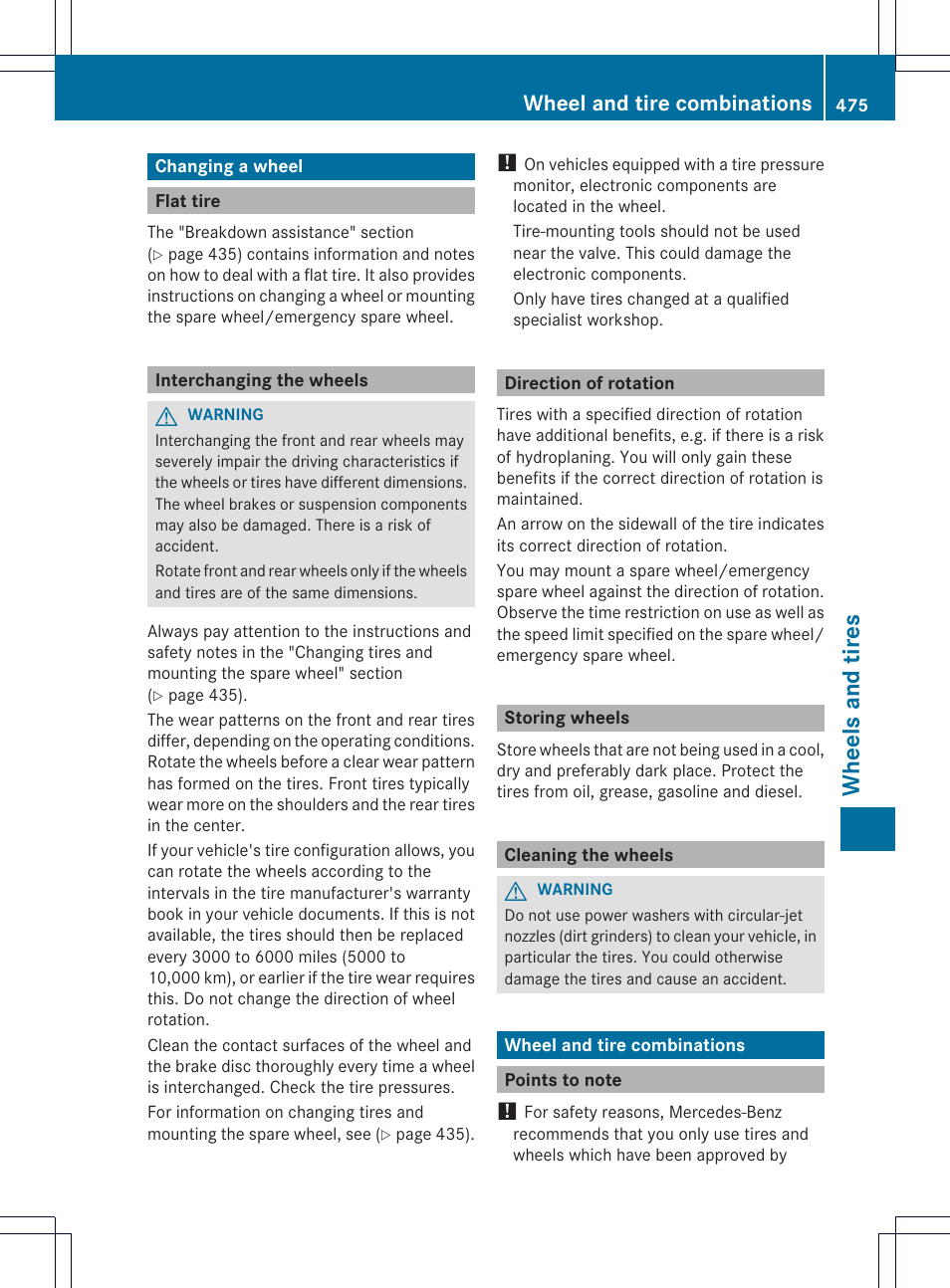 Wheels and tires, Wheel and tire combinations | Mercedes-Benz CL-Class 2013 Owners Manual User Manual | Page 477 / 494