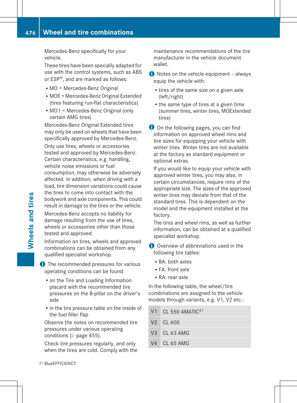 Wheels and tires, Wheel and tire combinations | Mercedes-Benz CL-Class 2013 Owners Manual User Manual | Page 478 / 494