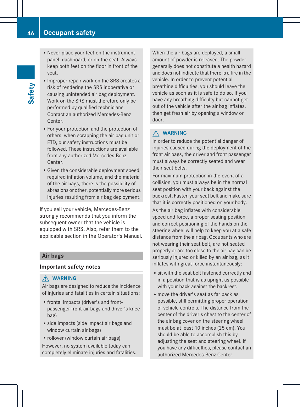 Safet y, Occupant safety | Mercedes-Benz CL-Class 2013 Owners Manual User Manual | Page 48 / 494