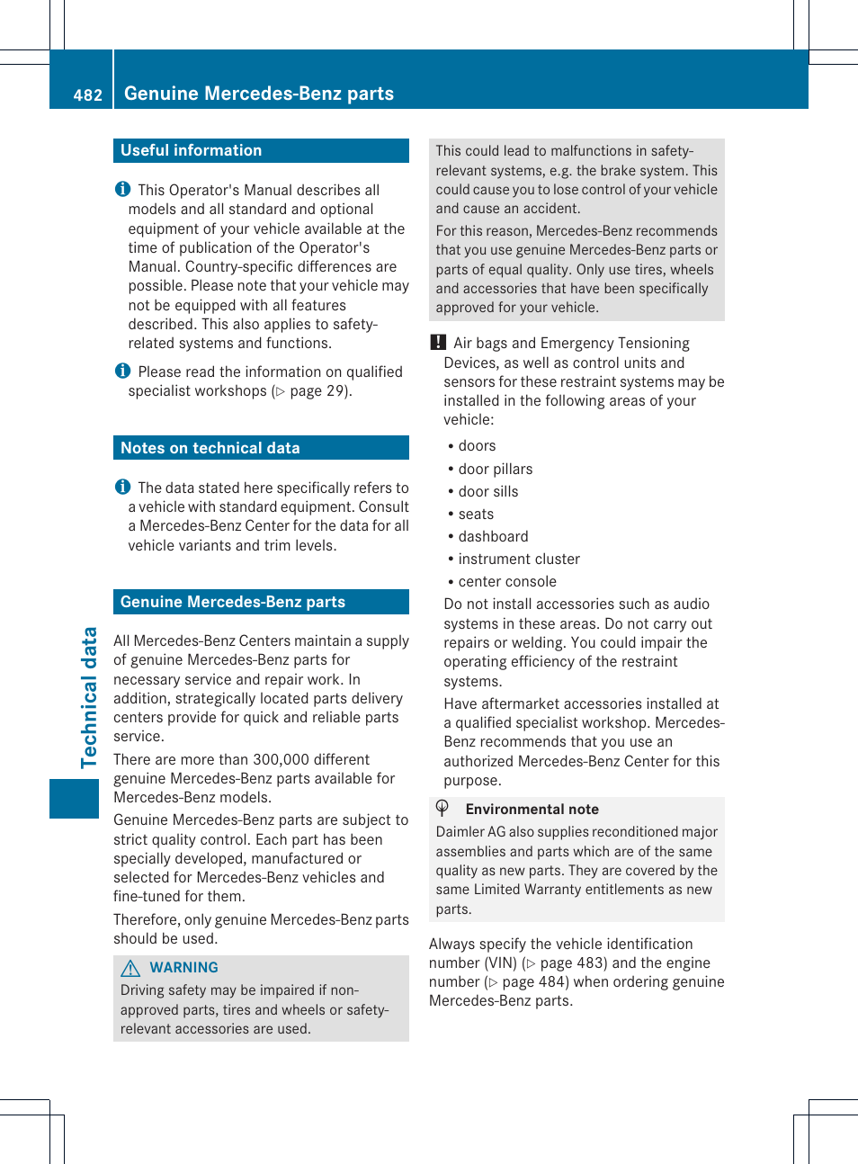 Technical data, Genuine mercedes-benz parts | Mercedes-Benz CL-Class 2013 Owners Manual User Manual | Page 484 / 494