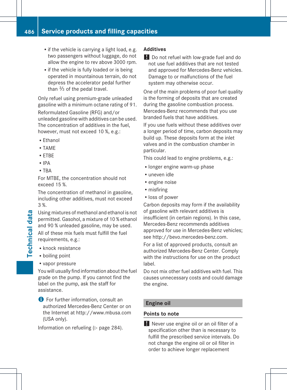 Technical data, Service products and filling capacities | Mercedes-Benz CL-Class 2013 Owners Manual User Manual | Page 488 / 494