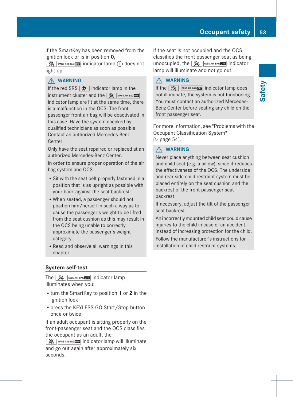 Safet y, Occupant safety | Mercedes-Benz CL-Class 2013 Owners Manual User Manual | Page 55 / 494