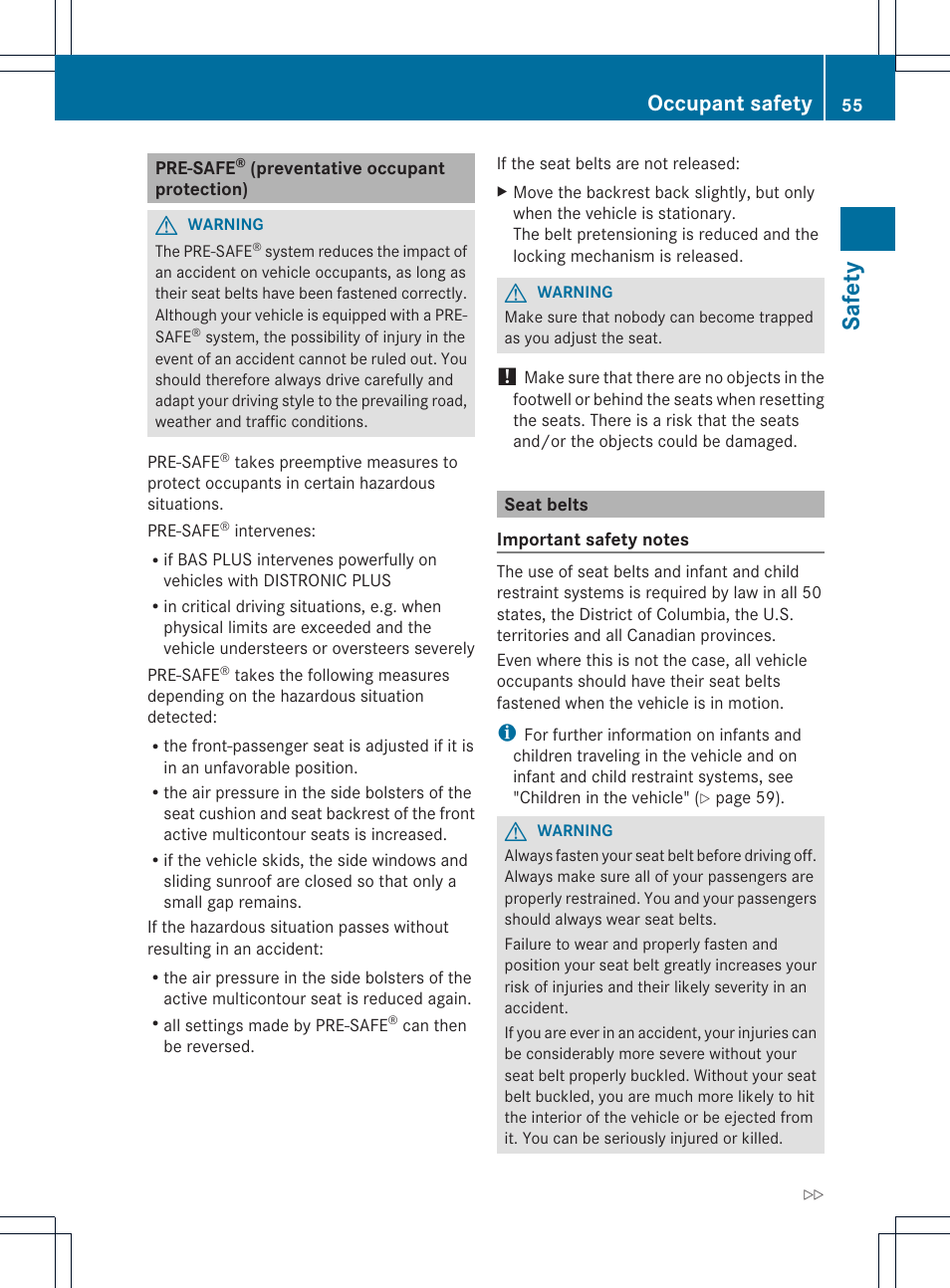 Safet y, Occupant safety | Mercedes-Benz CL-Class 2013 Owners Manual User Manual | Page 57 / 494