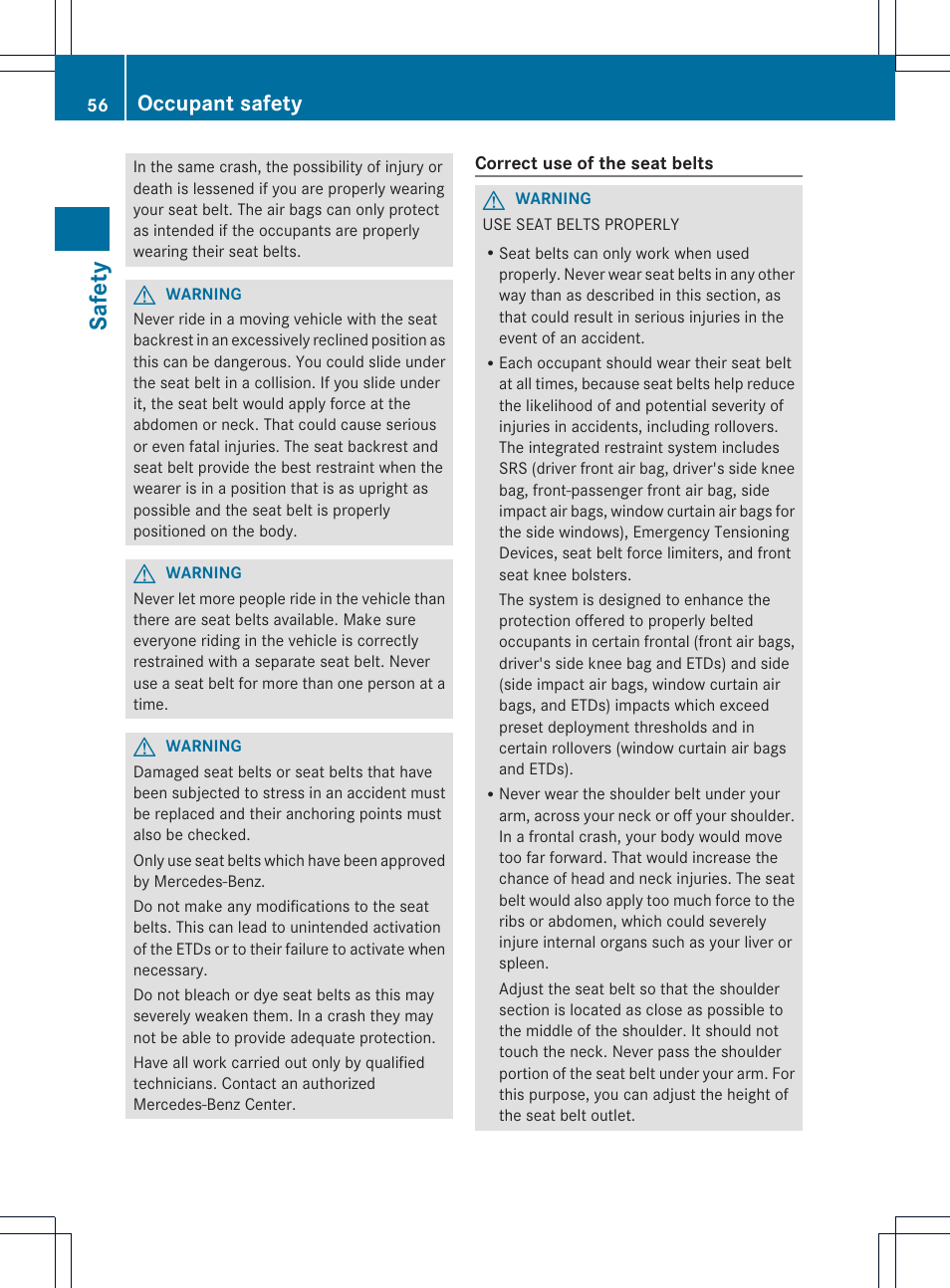 Safet y, Occupant safety | Mercedes-Benz CL-Class 2013 Owners Manual User Manual | Page 58 / 494