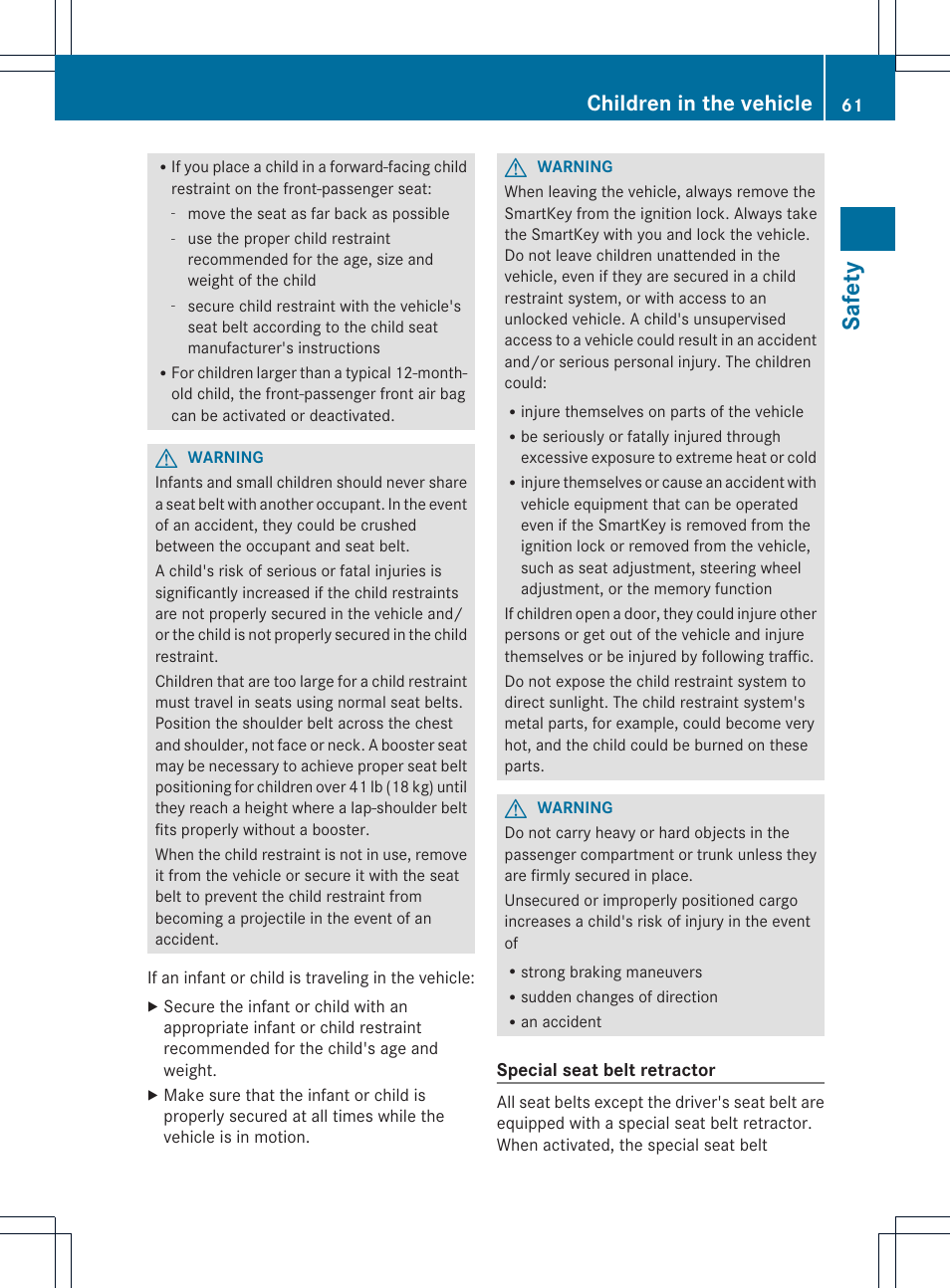 Safet y, Children in the vehicle | Mercedes-Benz CL-Class 2013 Owners Manual User Manual | Page 63 / 494
