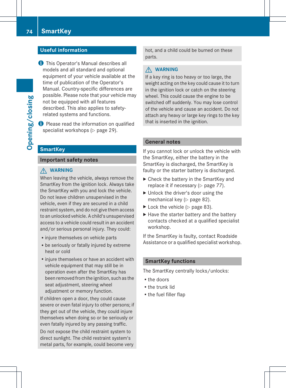 Opening/closing, Smartkey | Mercedes-Benz CL-Class 2013 Owners Manual User Manual | Page 76 / 494