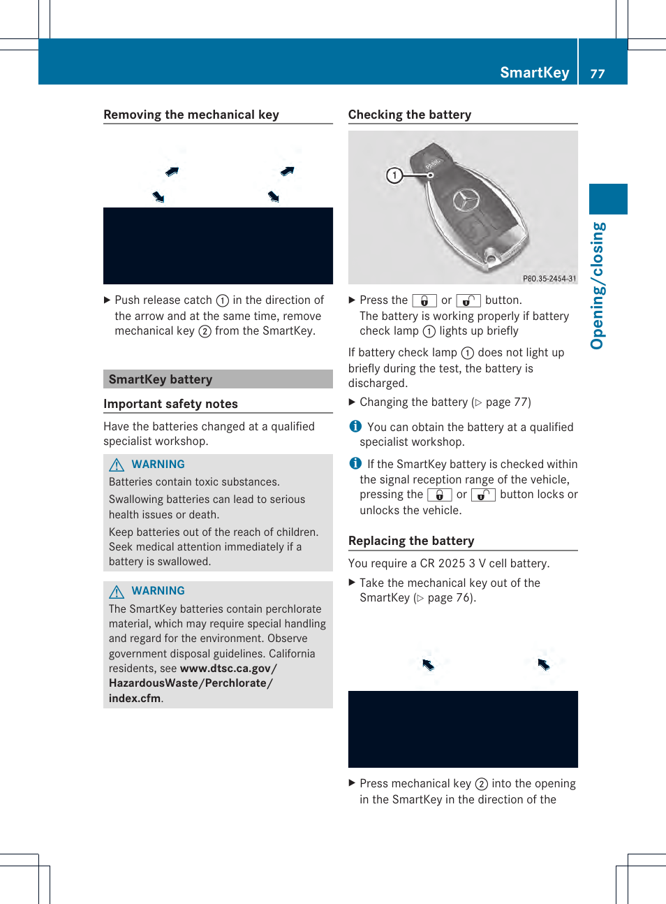 Op ening/closing, Smartkey | Mercedes-Benz CL-Class 2013 Owners Manual User Manual | Page 79 / 494