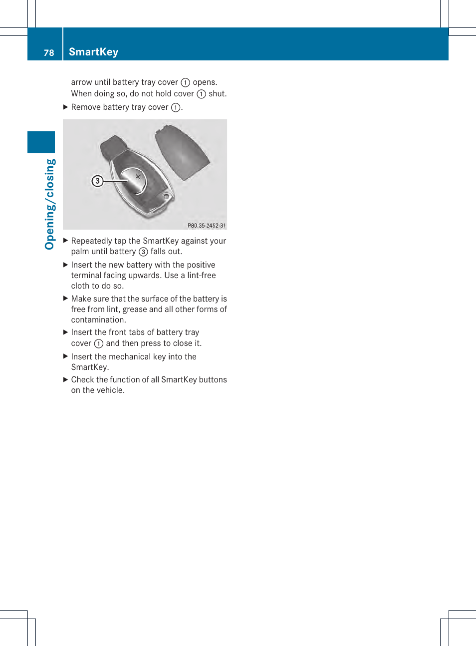 Opening/c losing, Smartkey | Mercedes-Benz CL-Class 2013 Owners Manual User Manual | Page 80 / 494