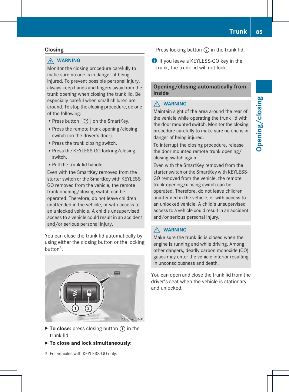 Opening/closing, Trunk | Mercedes-Benz CL-Class 2013 Owners Manual User Manual | Page 87 / 494