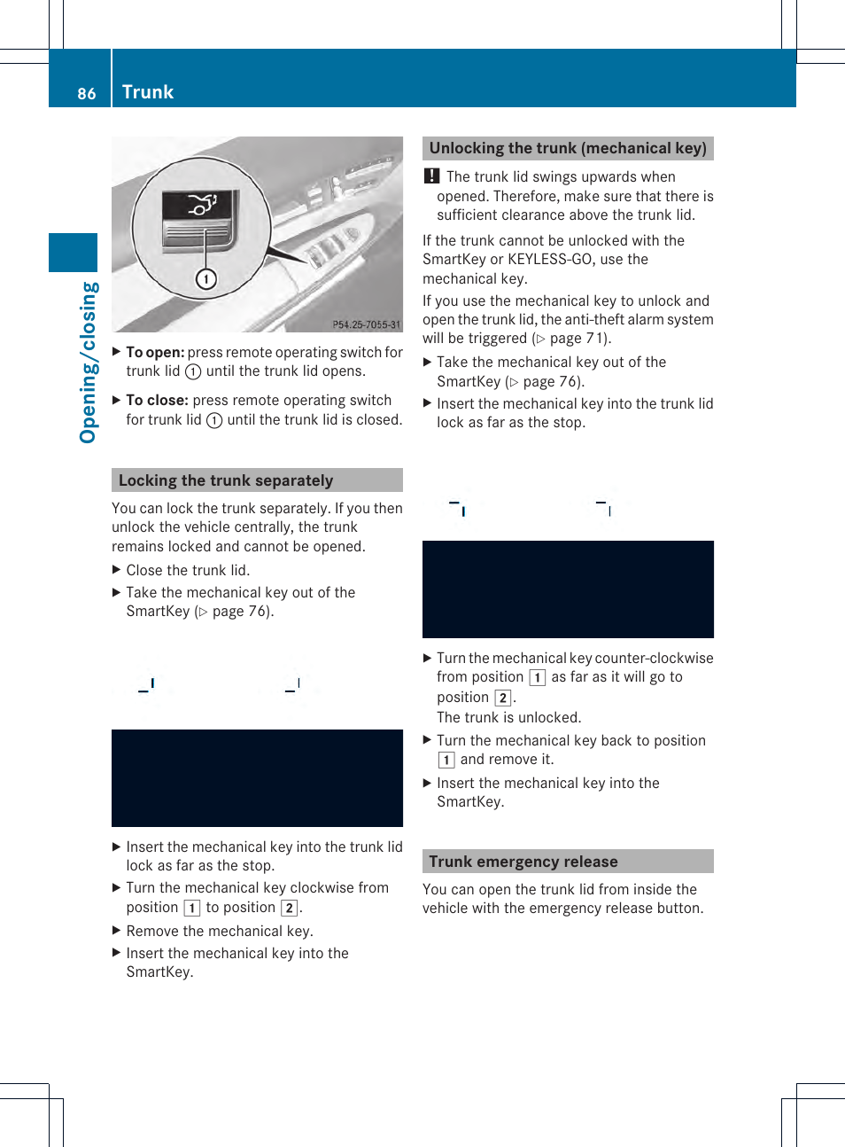 Opening/c losing, Trunk | Mercedes-Benz CL-Class 2013 Owners Manual User Manual | Page 88 / 494