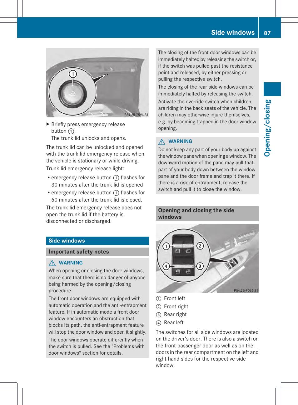 Opening/c losing, Side windows | Mercedes-Benz CL-Class 2013 Owners Manual User Manual | Page 89 / 494