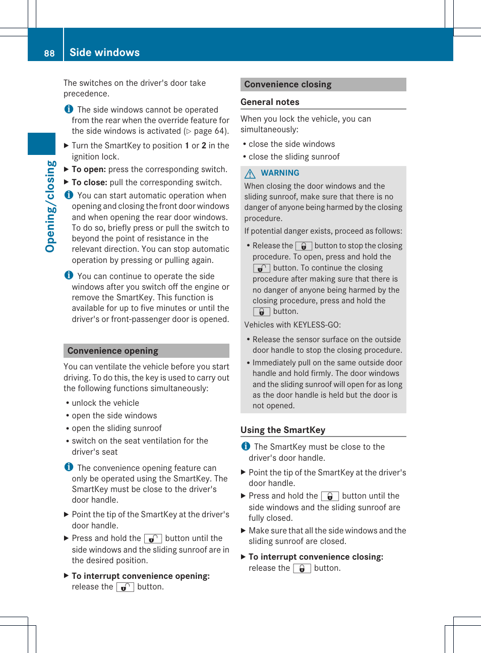 Opening/c losing, Side windows | Mercedes-Benz CL-Class 2013 Owners Manual User Manual | Page 90 / 494