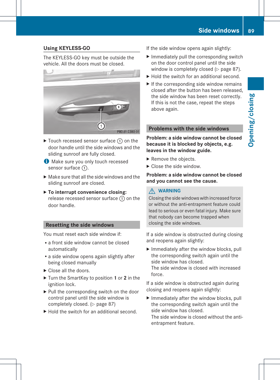 Opening/closing, Side windows | Mercedes-Benz CL-Class 2013 Owners Manual User Manual | Page 91 / 494