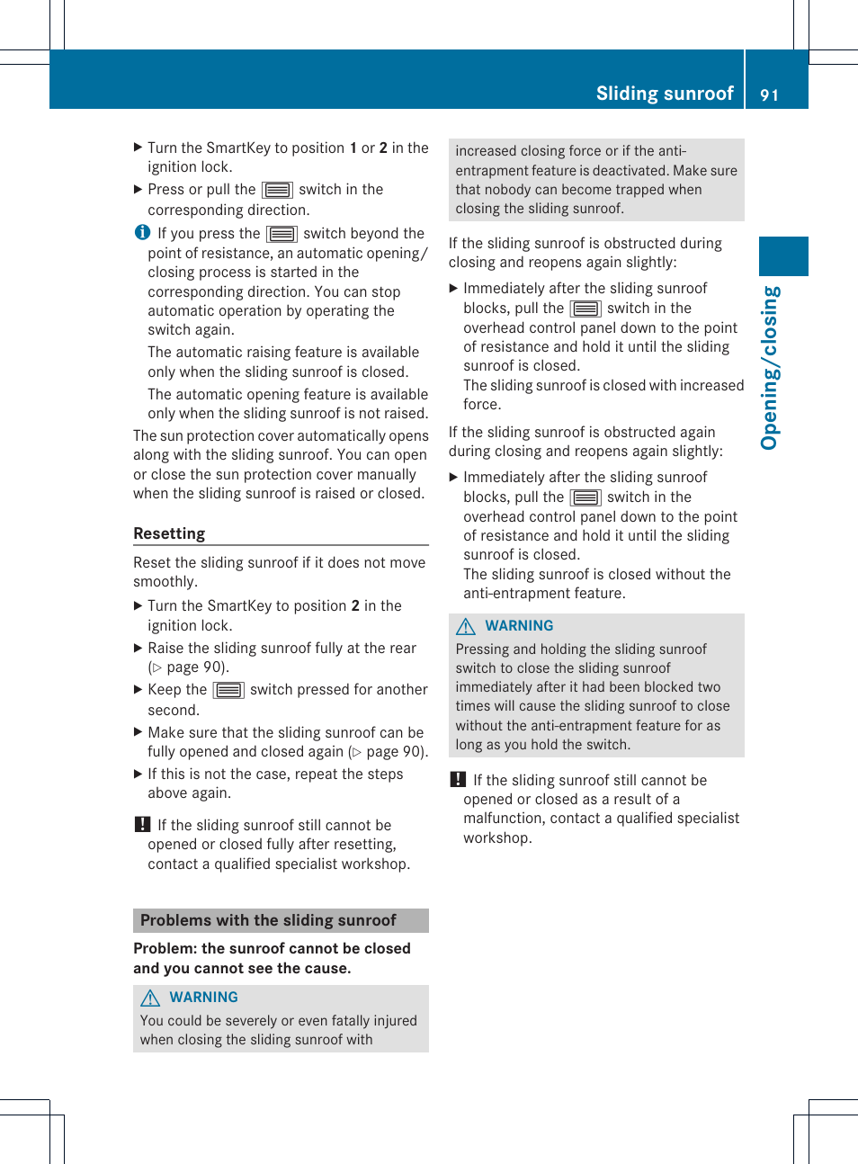 Opening/c losing, Sliding sunroof | Mercedes-Benz CL-Class 2013 Owners Manual User Manual | Page 93 / 494
