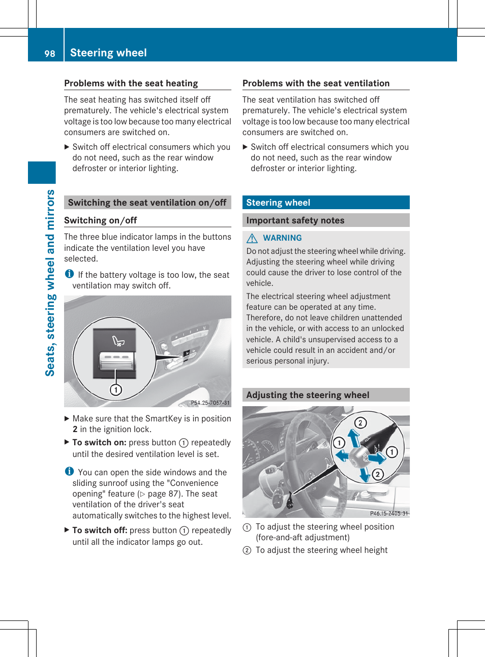 Switching the seat ventilation on/off, Steering wheel, Important safety notes | Adjusting the steering wheel, Wheel adjustment, Seats, steering wheel and mirrors | Mercedes-Benz CL-Class 2012 User Manual | Page 100 / 488