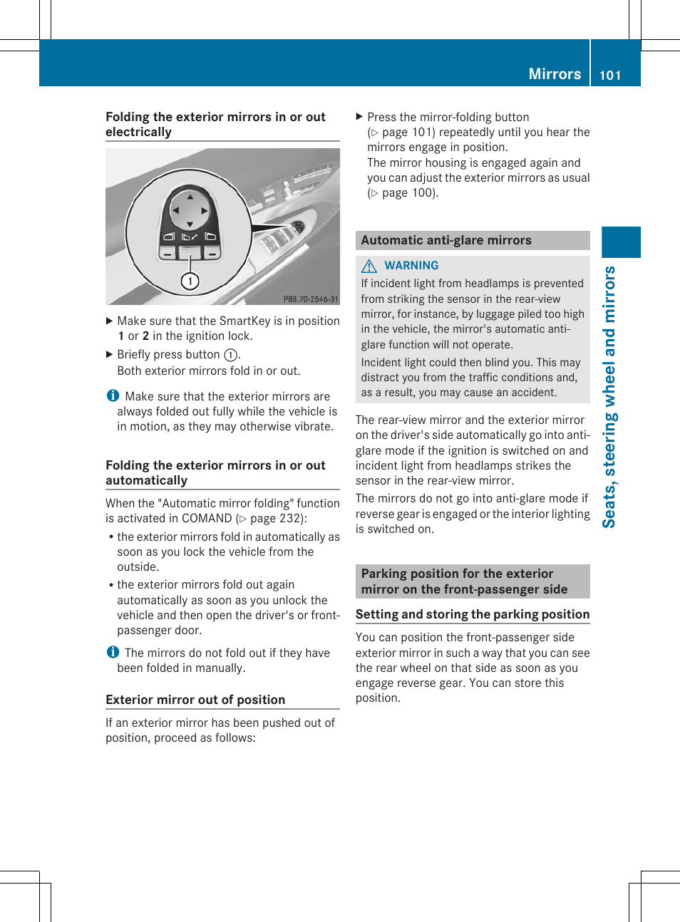 Automatic anti-glare mirrors, Seats, steering wheel and mirrors, Mirrors | Mercedes-Benz CL-Class 2012 User Manual | Page 103 / 488