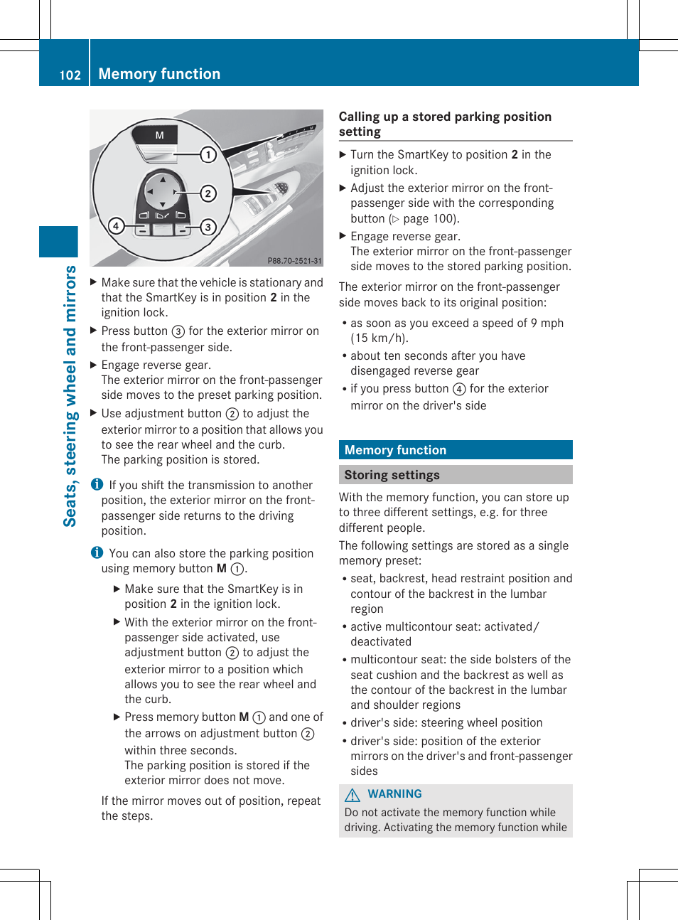 Memory function, Storing settings, Settings | Seats, steering wheel and mirrors | Mercedes-Benz CL-Class 2012 User Manual | Page 104 / 488