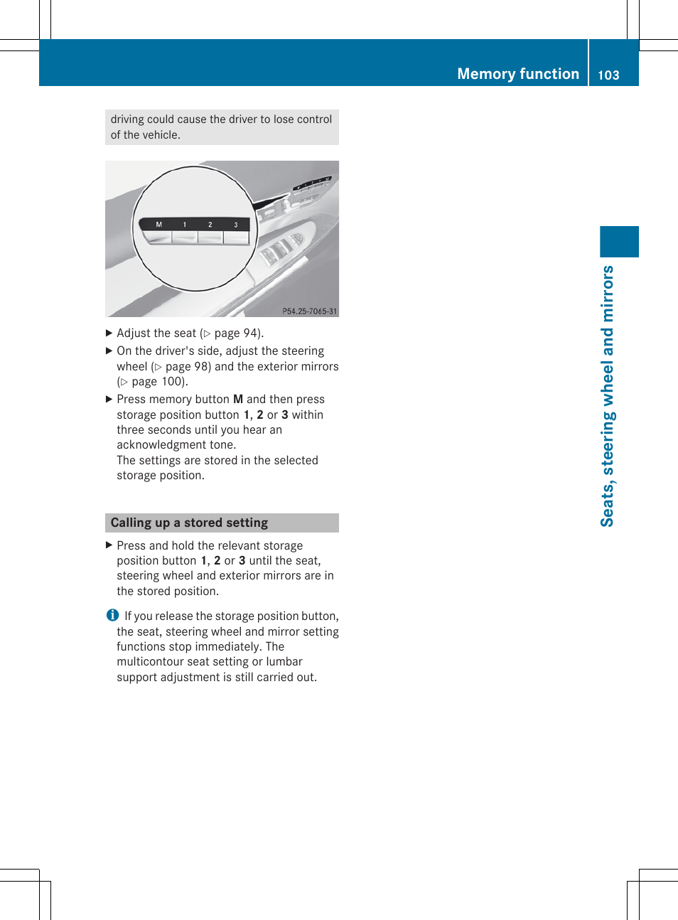 Calling up a stored setting, Seats, steering wheel and mirrors | Mercedes-Benz CL-Class 2012 User Manual | Page 105 / 488