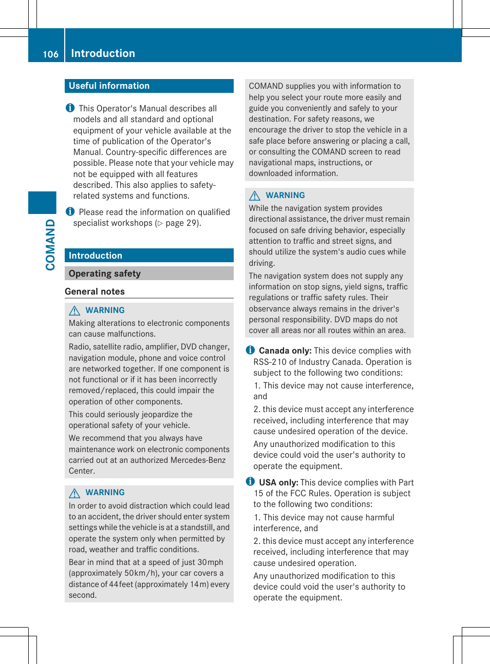 Comand, Useful information, Introduction | Operating safety | Mercedes-Benz CL-Class 2012 User Manual | Page 108 / 488