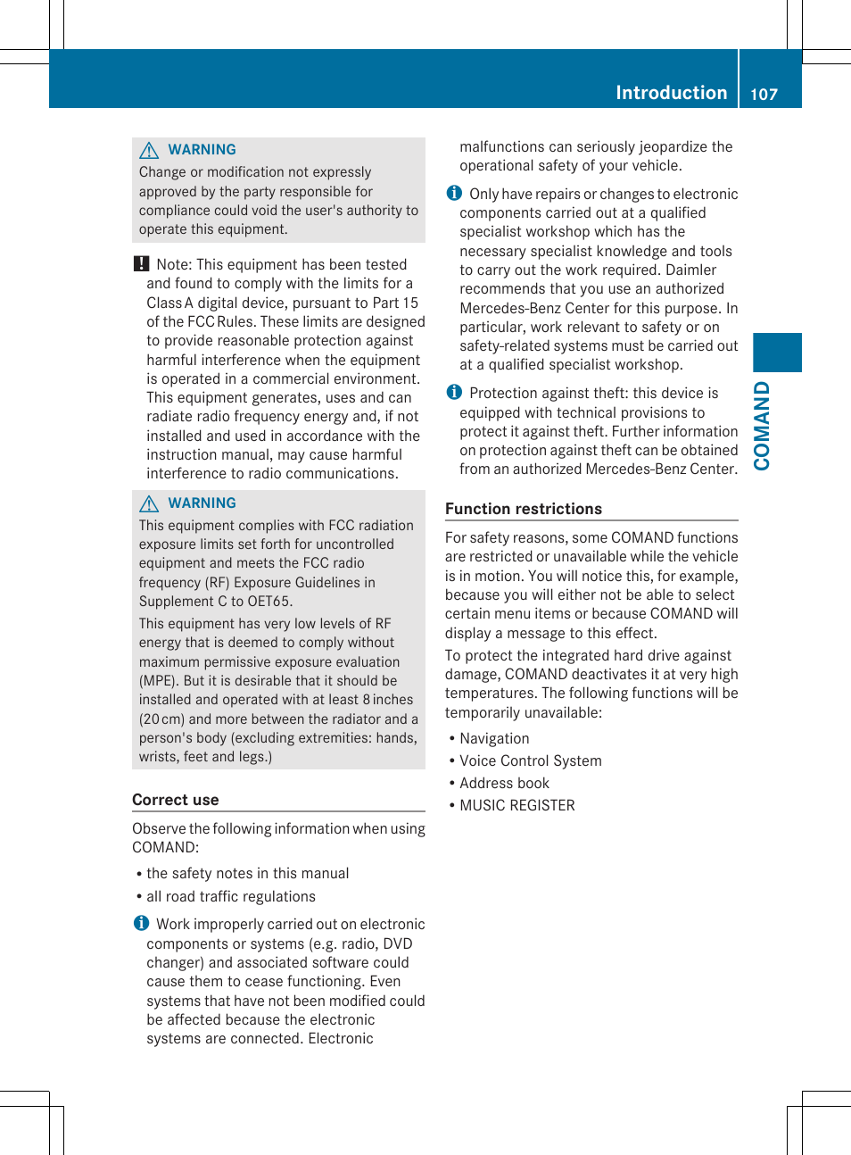 Comand, Introduction | Mercedes-Benz CL-Class 2012 User Manual | Page 109 / 488