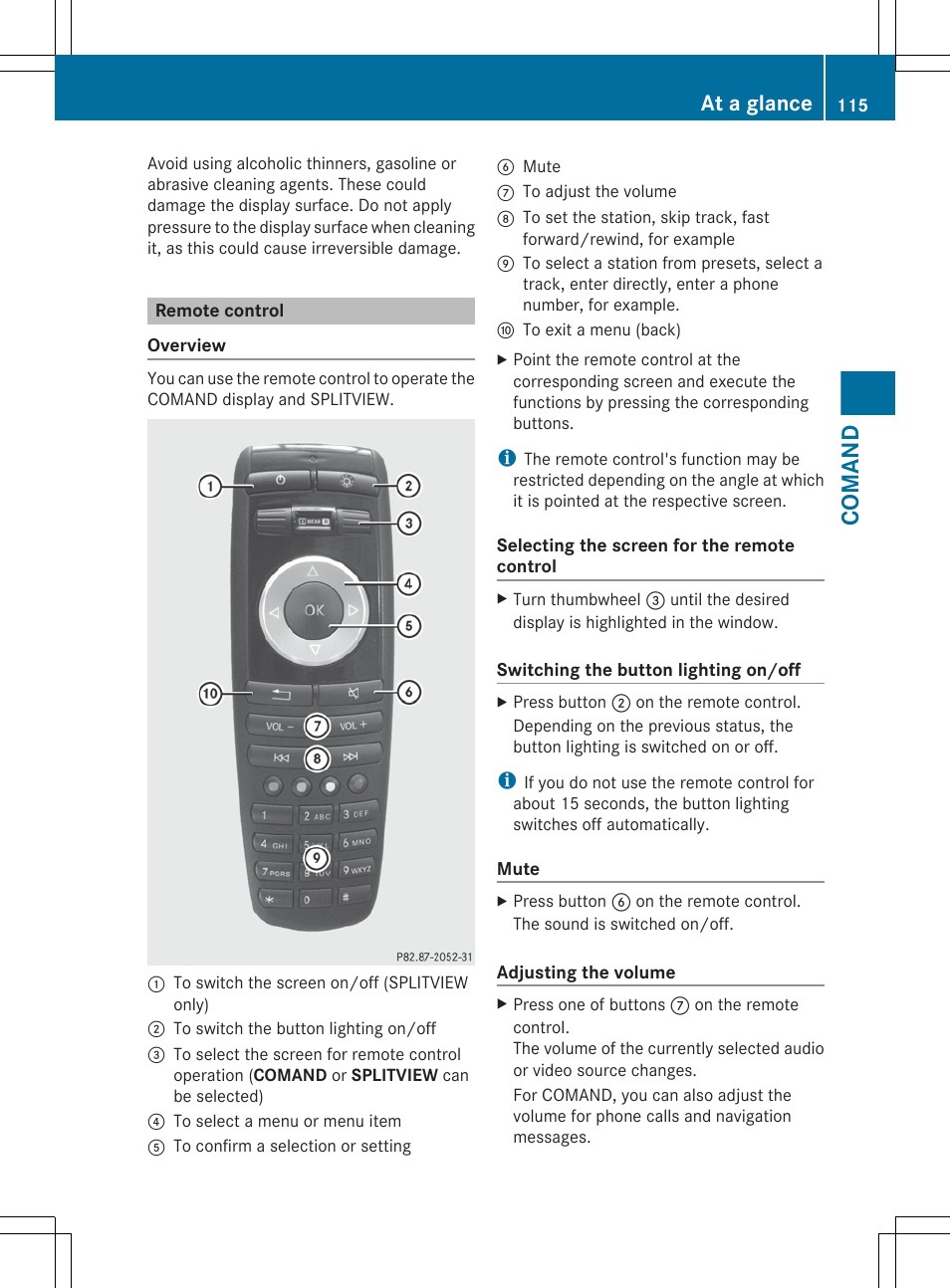 Remote control, Comand, At a glance | Mercedes-Benz CL-Class 2012 User Manual | Page 117 / 488