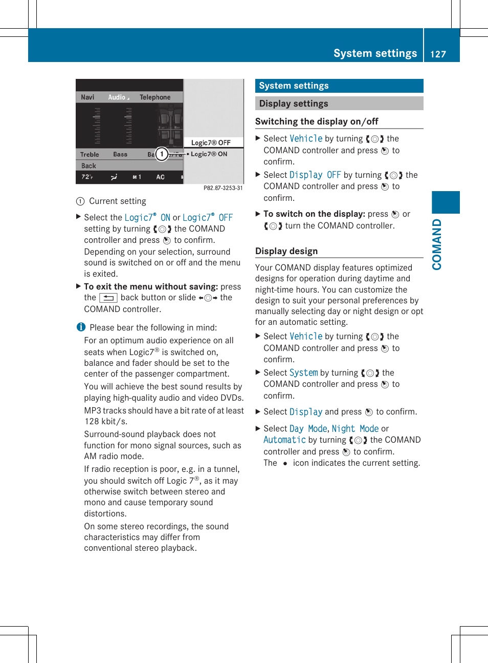 System settings, Display settings, Comand | Mercedes-Benz CL-Class 2012 User Manual | Page 129 / 488
