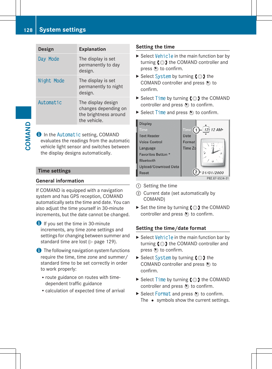 Time settings, Comand, System settings | Mercedes-Benz CL-Class 2012 User Manual | Page 130 / 488