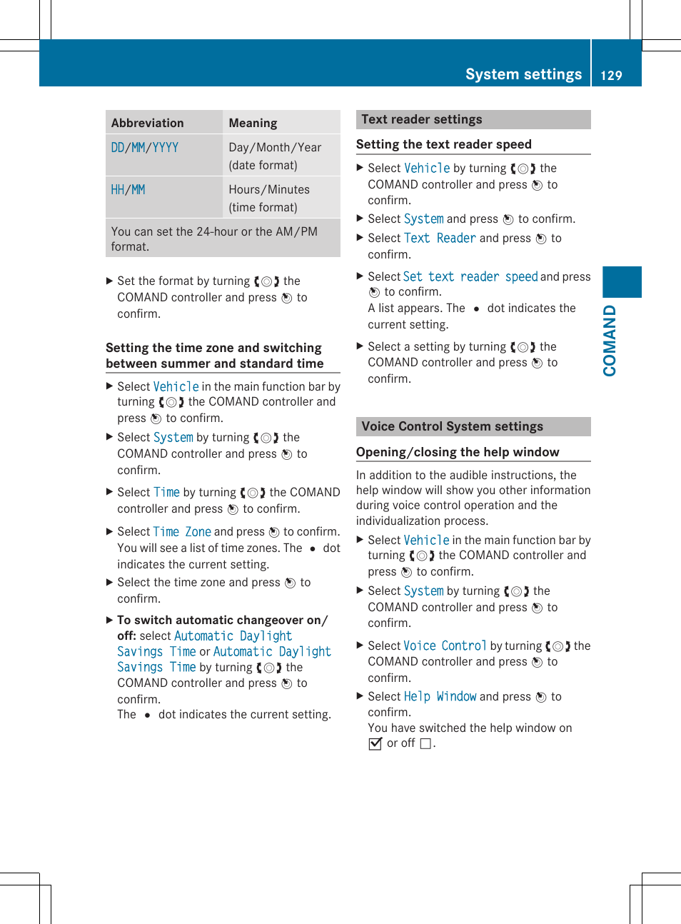Text reader settings, Voice control system settings, Comand | System settings | Mercedes-Benz CL-Class 2012 User Manual | Page 131 / 488