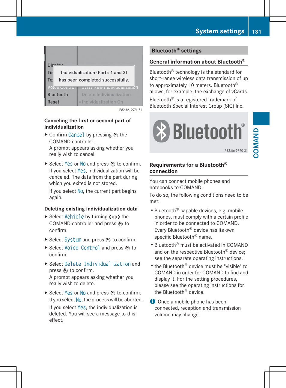 Bluetooth® settings, Comand, System settings | Mercedes-Benz CL-Class 2012 User Manual | Page 133 / 488