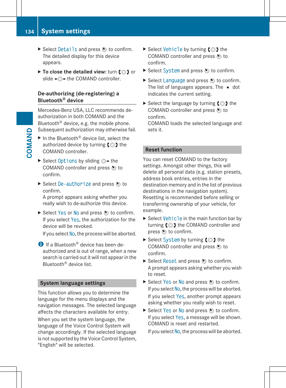 System language settings, Reset function, Comand | System settings | Mercedes-Benz CL-Class 2012 User Manual | Page 136 / 488