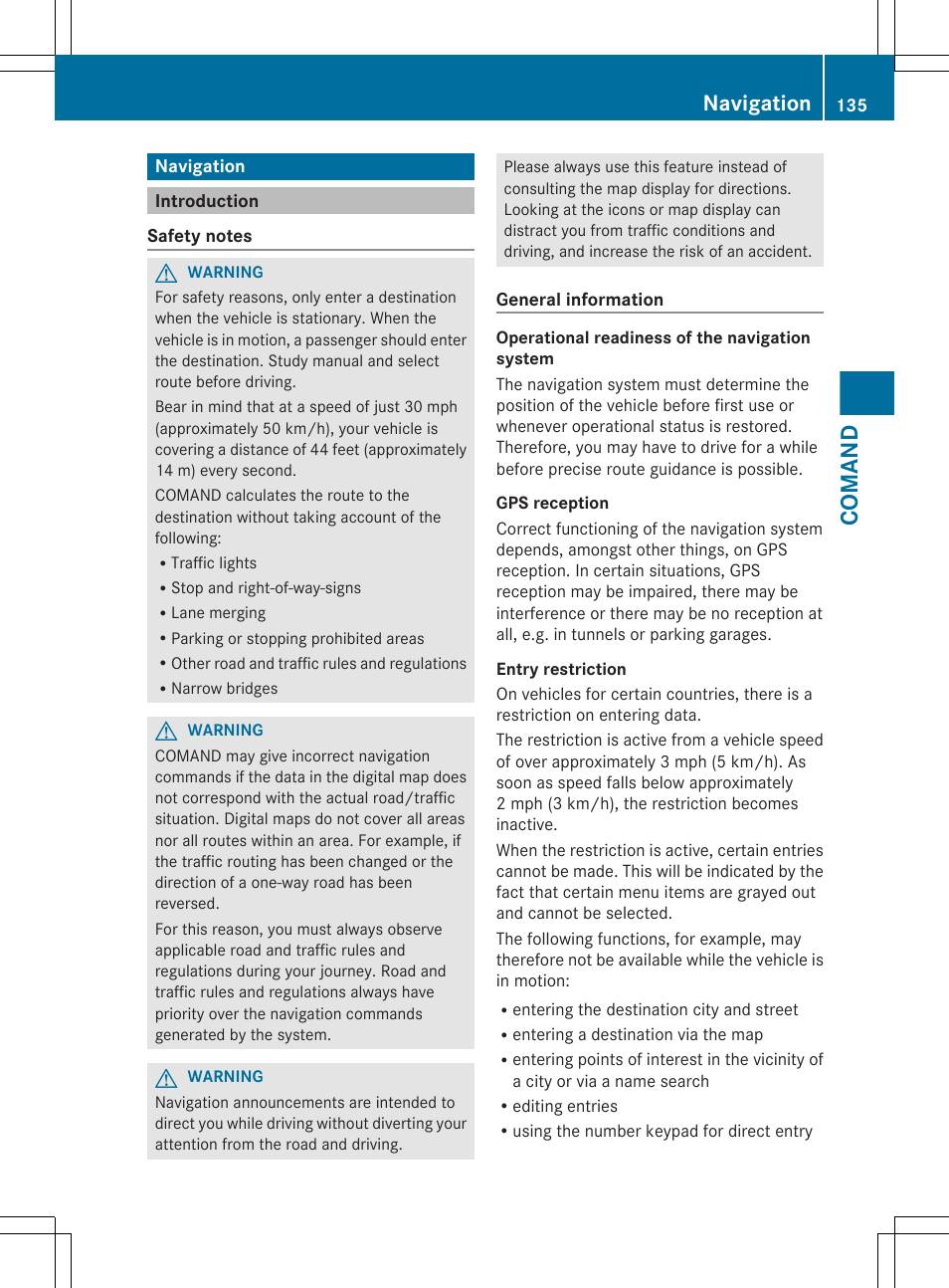 Navigation, Introduction, Comand | Mercedes-Benz CL-Class 2012 User Manual | Page 137 / 488